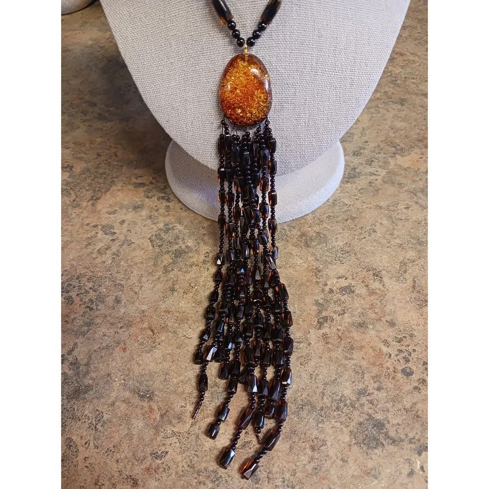 Vintage Amber Tassel Necklace Beaded Fringe Statement Boho Jewelry